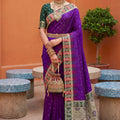 Royal Purple Silk Saree with Green Red Contrast Border