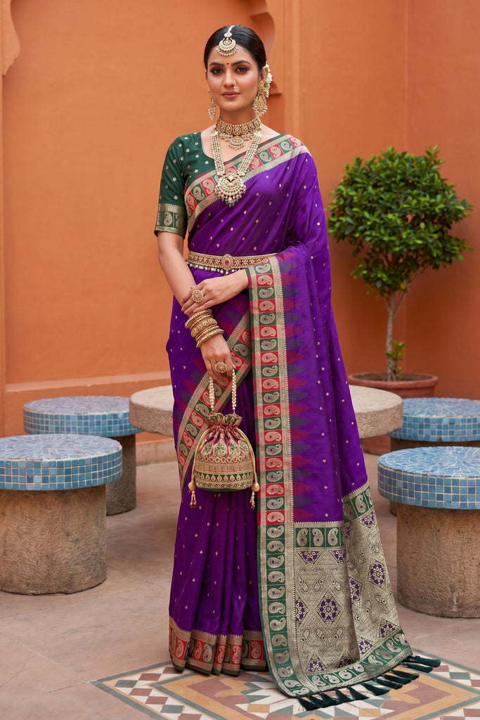 Royal Purple Silk Saree with Green Red Contrast Border
