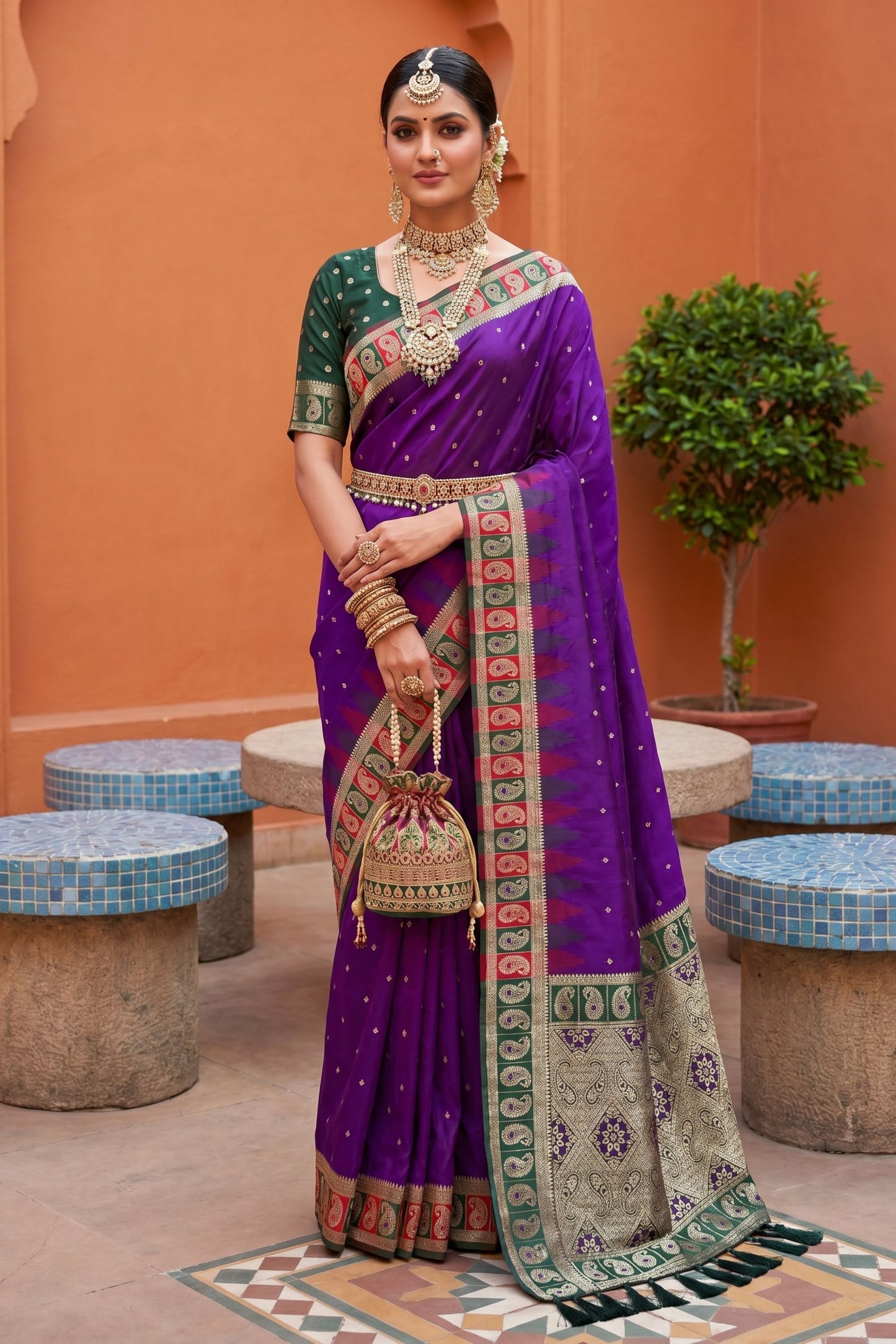 Royal Purple Silk Saree with Green Red Contrast Border