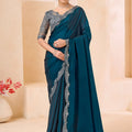 Teal Blue Designer Saree with Grey Embroidered Blouse
