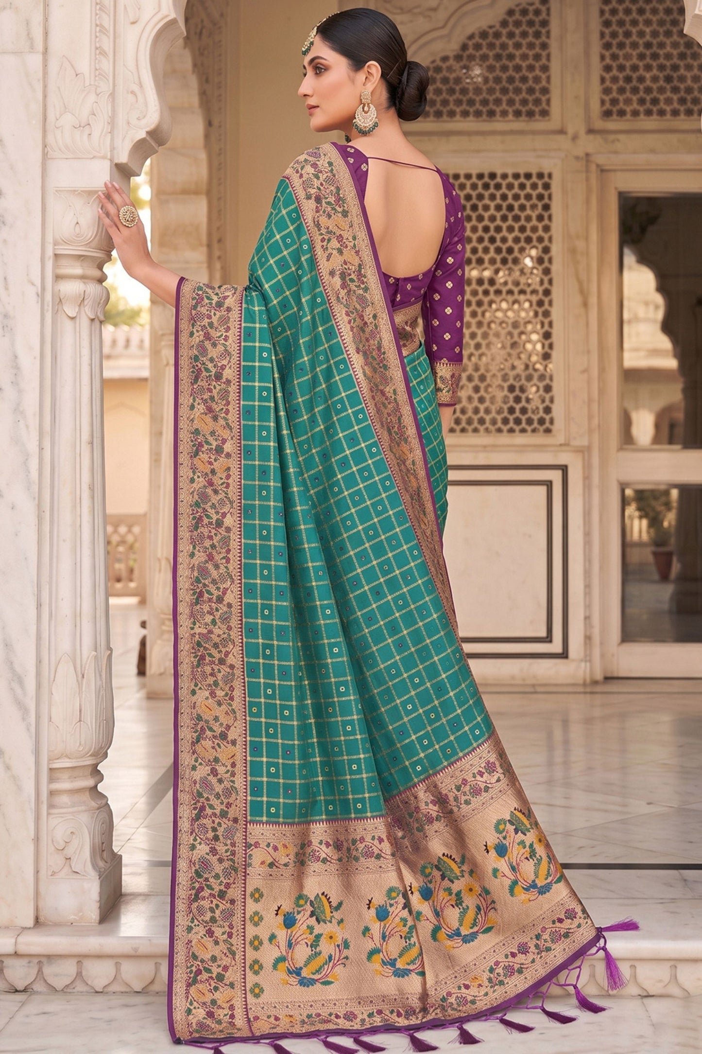 Teal Green Paithani Silk Saree Zari Floral Woven Border Traditional Peacock Pallu