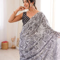 Black White Rose Floral Printed Linen Saree Designer Lace Border