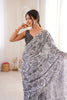 Black White Rose Floral Printed Linen Saree Designer Lace Border