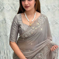 Grey Organza Saree with Floral Embroidery Designer Blouse