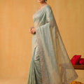 Mint Green Net Saree Heavy Silver Embroidered Border Designer Blouse