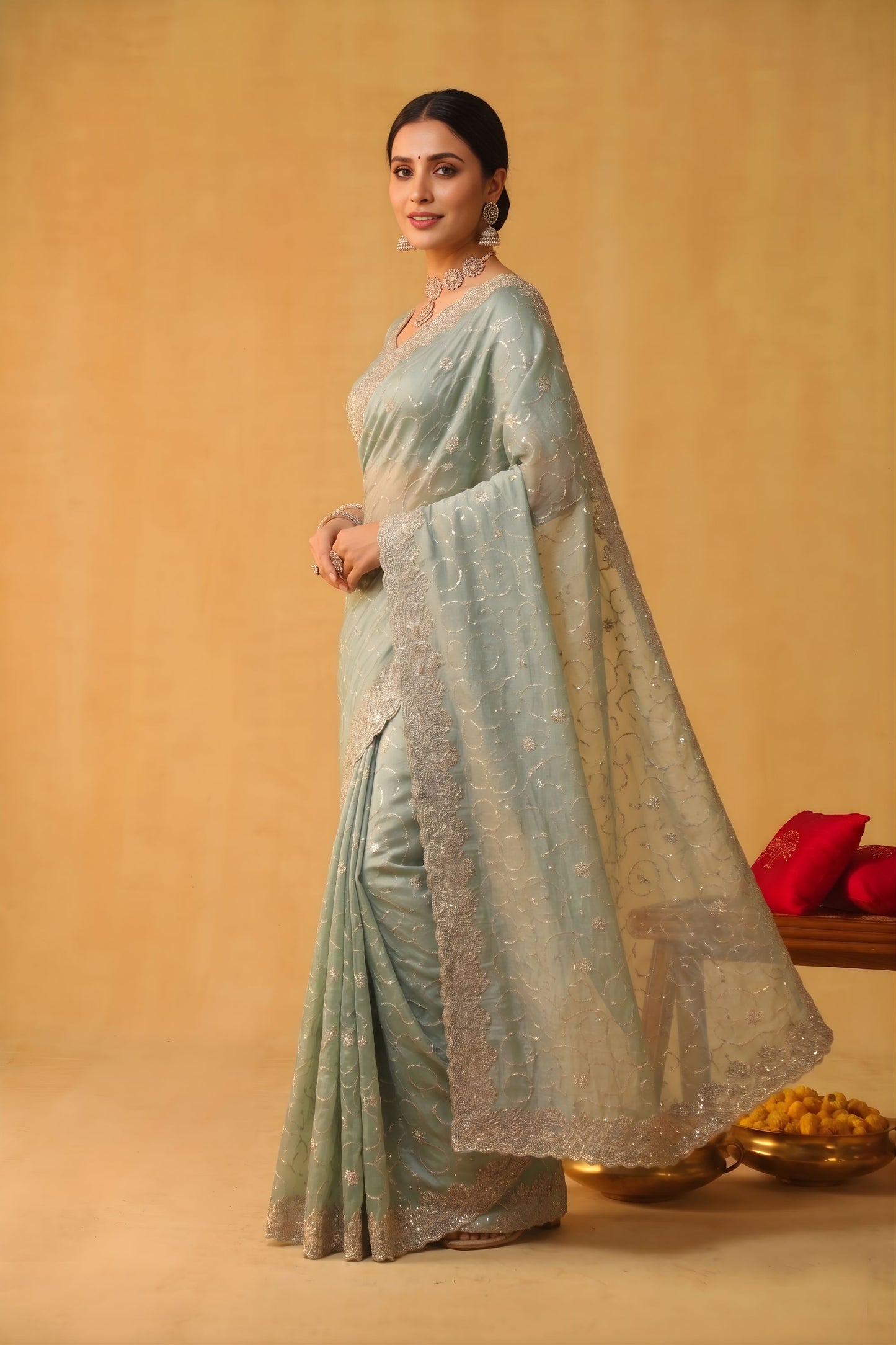 Mint Green Net Saree Heavy Silver Embroidered Border Designer Blouse