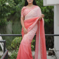 Peach Pink Georgette Saree Embroidered Border Designer Blouse