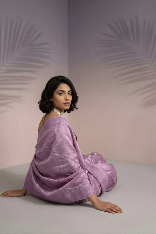 Pastel Lavender Silk Saree with Embroidered Border Designer Blouse