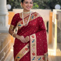 Maroon Red Floral Woven Linen Silk Saree Designer Peacock Border