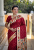 Maroon Red Floral Woven Linen Silk Saree Designer Peacock Border