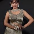 Gold Shimmer Silk Saree Heavy Zari Stone Embroidered Border