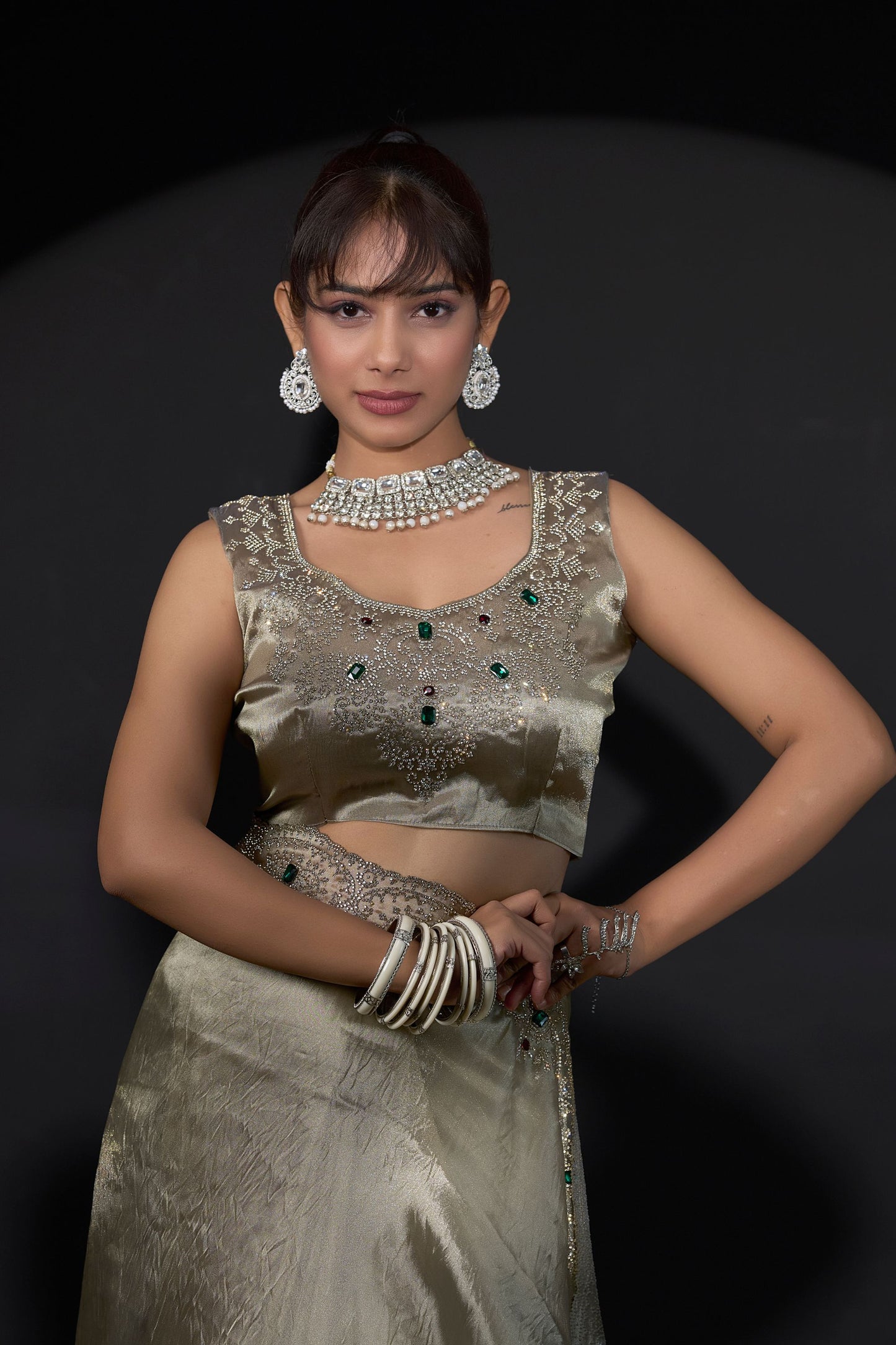 Gold Shimmer Silk Saree Heavy Zari Stone Embroidered Border