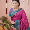Rani Pink Silk Saree with Teal Blue Woven Border Traditional Design