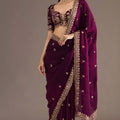 Wine Purple Silk Saree Heavy Zari Embroidery Border Designer Blouse