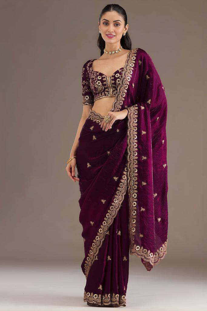 Wine Purple Silk Saree Heavy Zari Embroidery Border Designer Blouse