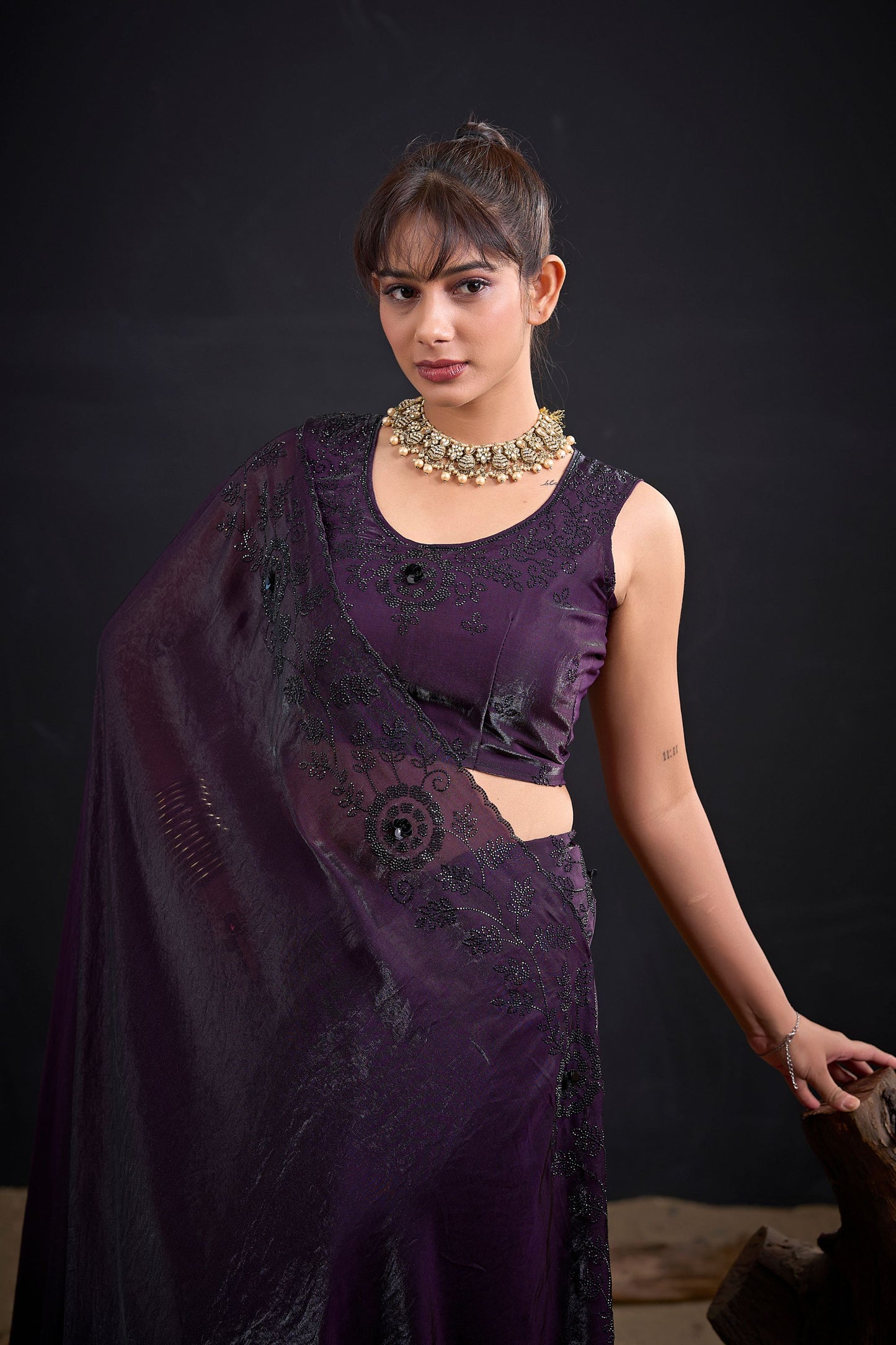 Dark Purple Embroidered Silk Saree with Designer Blouse