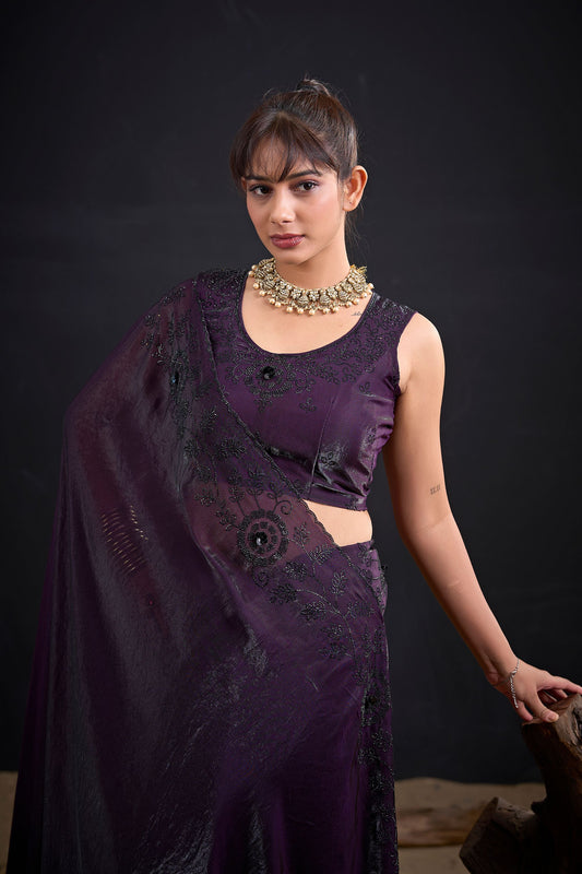 Dark Purple Embroidered Silk Saree with Designer Blouse