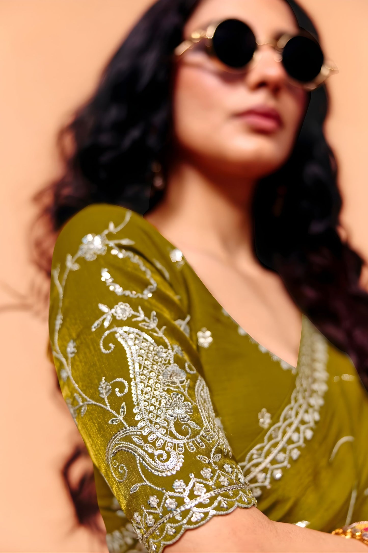 Olive Green Designer Saree Embroidered Border Saree