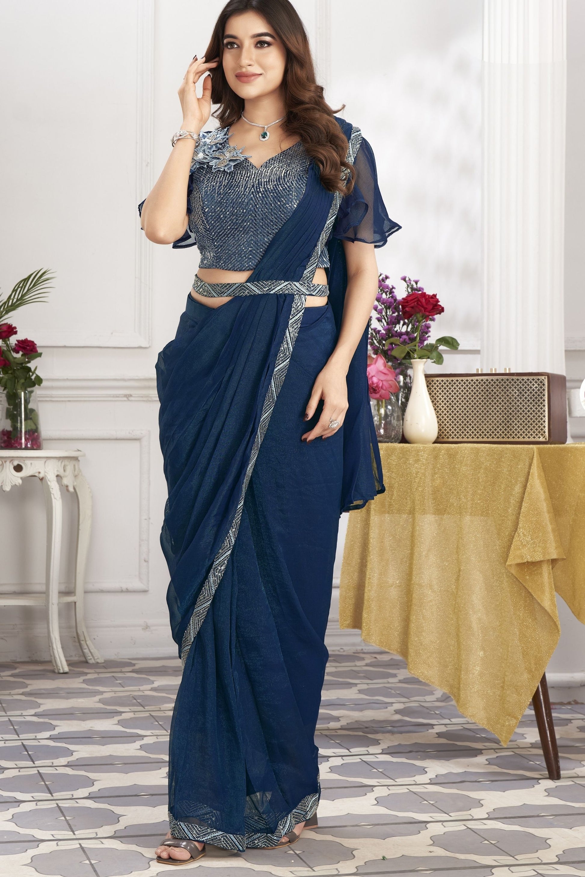 Navy Blue Designer Saree with Sequins Embroidered Blouse