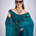 Teal Green Organza Silk Saree Black Floral Embroidery Designer Saree