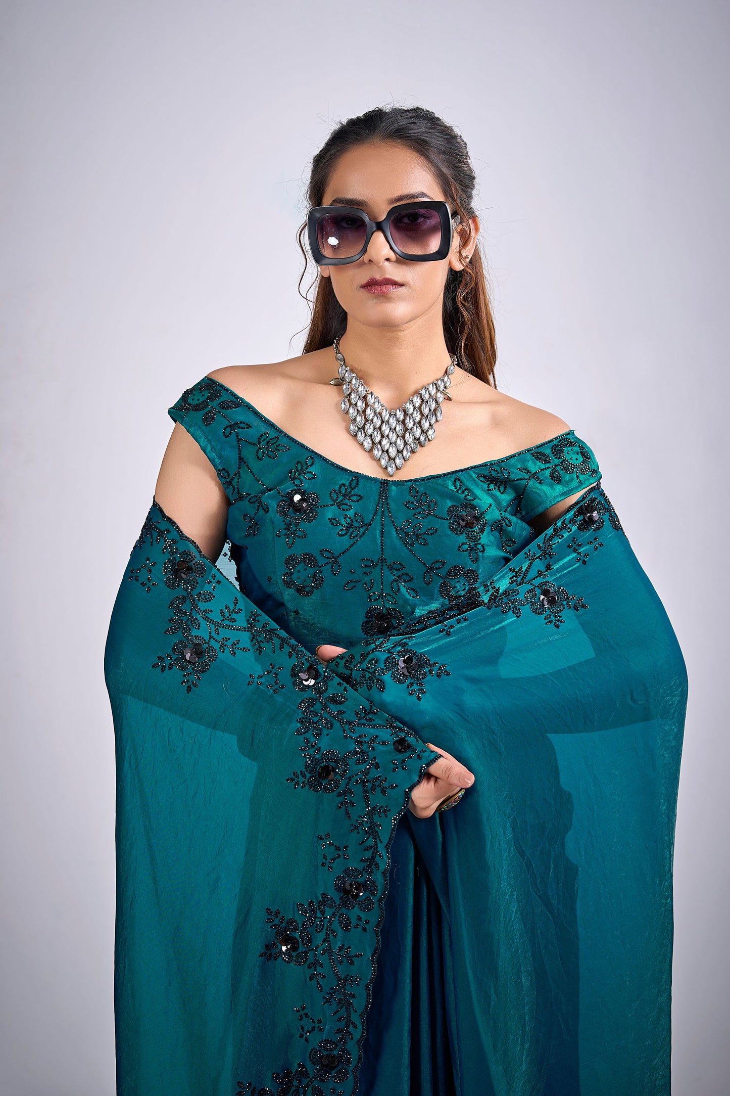 Teal Green Organza Silk Saree Black Floral Embroidery Designer Saree