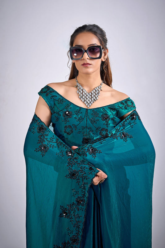 Teal Green Organza Silk Saree Black Floral Embroidery Designer Saree