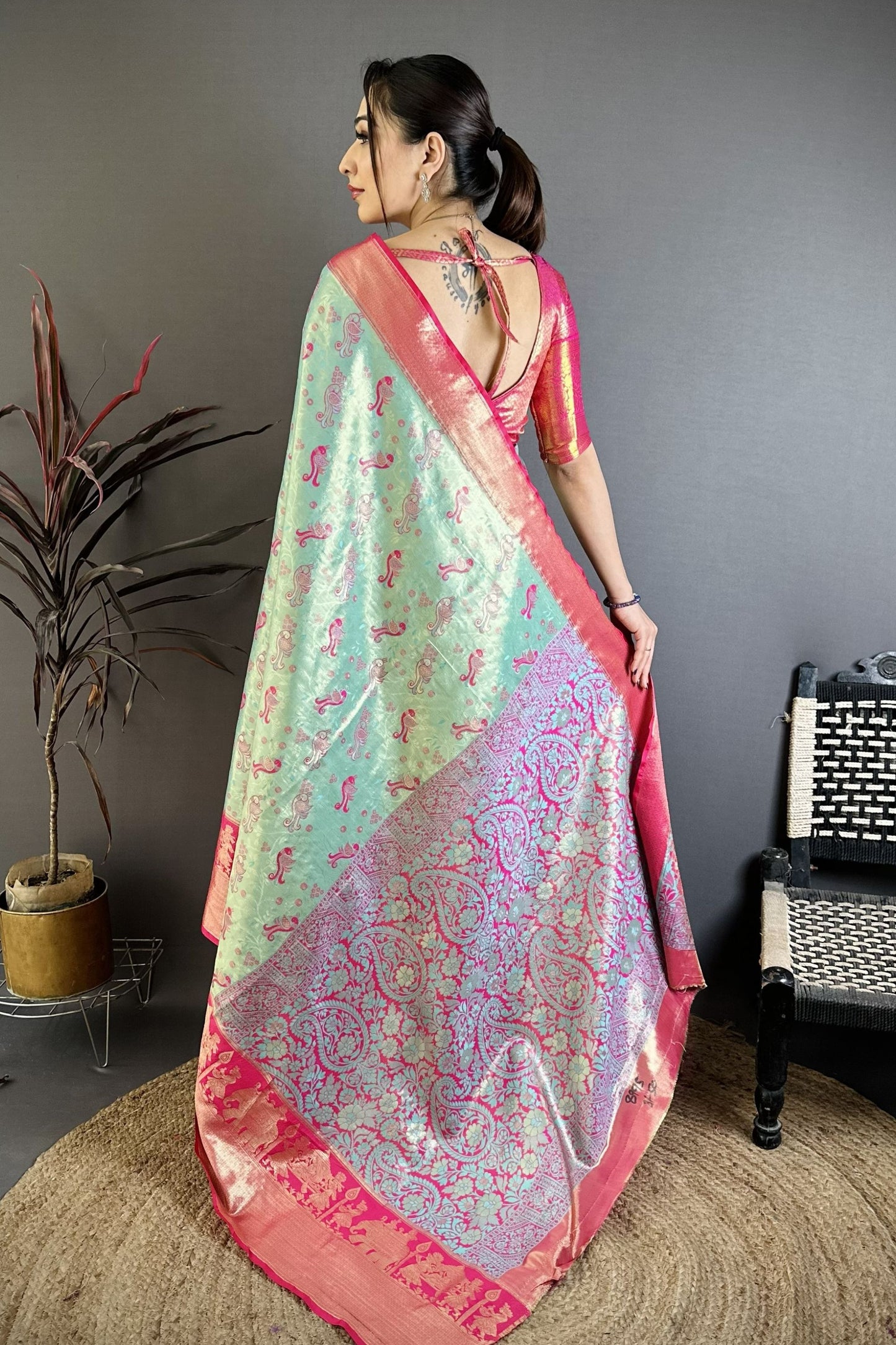Sea Green Pink Kanjivaram Silk Saree Traditional Zari Woven Saree