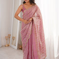 Pink Organza Silk Saree Golden Zari Embroidery Designer Blouse
