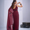 Luxury Wine Maroon Organza Silk Saree Black Floral Embroidery Designer Blouse