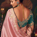 Pink Silk Saree with Embroidered Border and Teal Designer Blouse