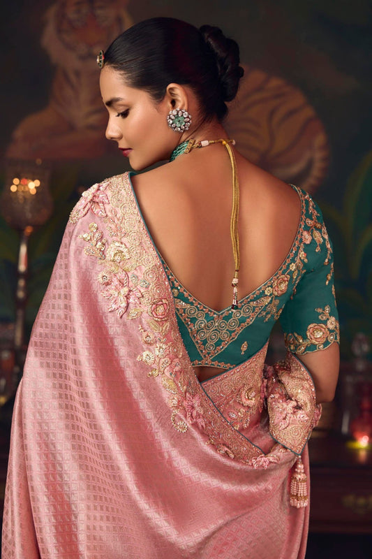 Pink Silk Saree with Embroidered Border and Teal Designer Blouse