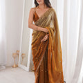 Copper Brown Organza Saree Golden Butti Work Embroidered Border 