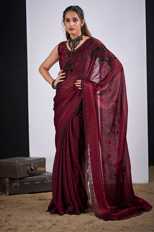 Teal Green Organza Saree Black Floral Embroidery Designer Saree