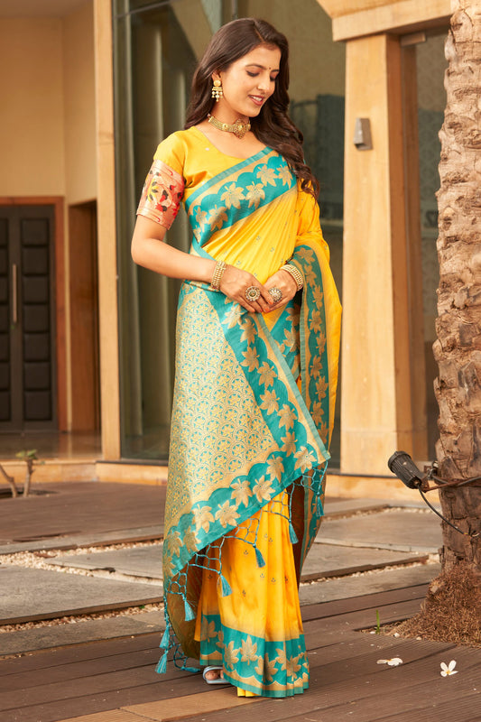 Yellow Silk Saree with Teal Green Contrast Border Floral Zari Work