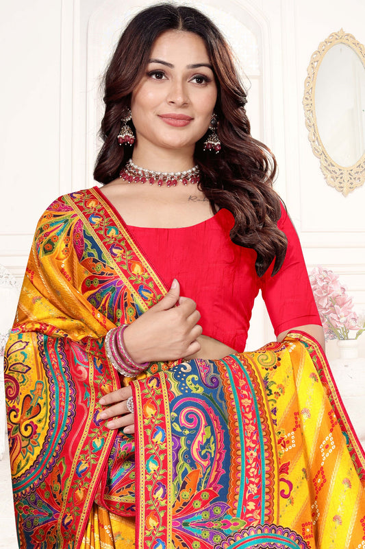 Yellow Multicolor Paisley Printed Saree with Designer Border