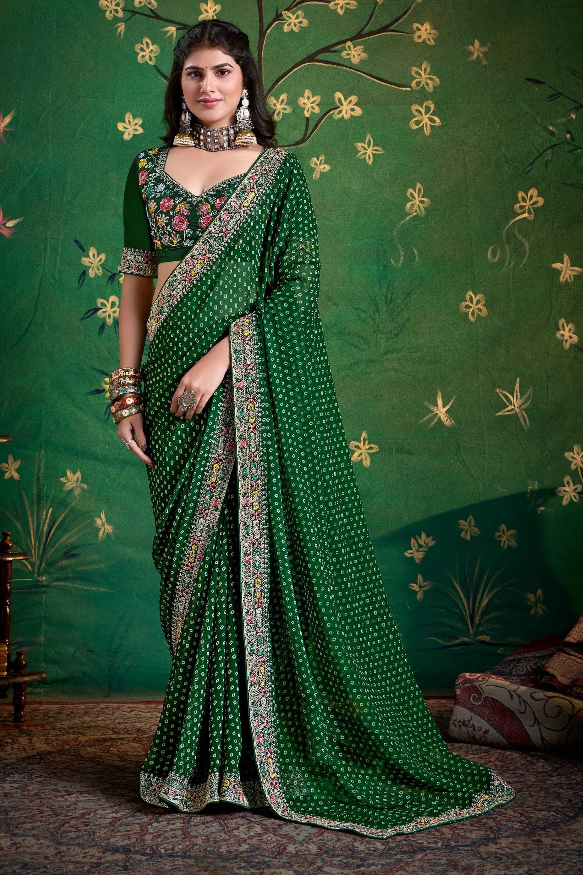 Green Bandhani Saree with Designer Blouse Festive Wear