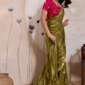 Olive Green Silk Saree Golden Zari Embroidery Border Matching Blouse