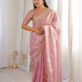Pink Organza Silk Saree Golden Thread Embroidery Designer Blouse