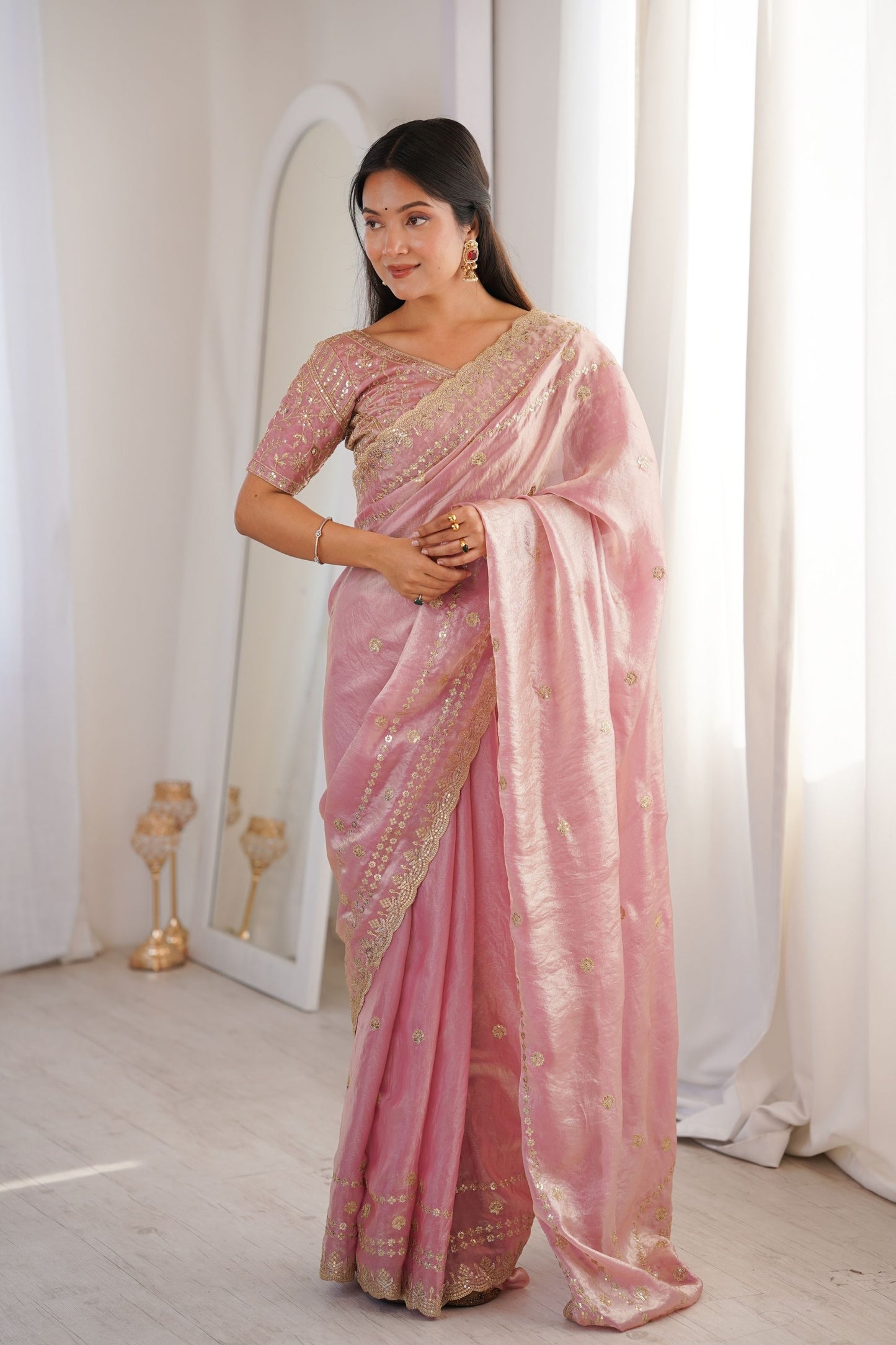 Pink Organza Silk Saree Golden Thread Embroidery Designer Blouse