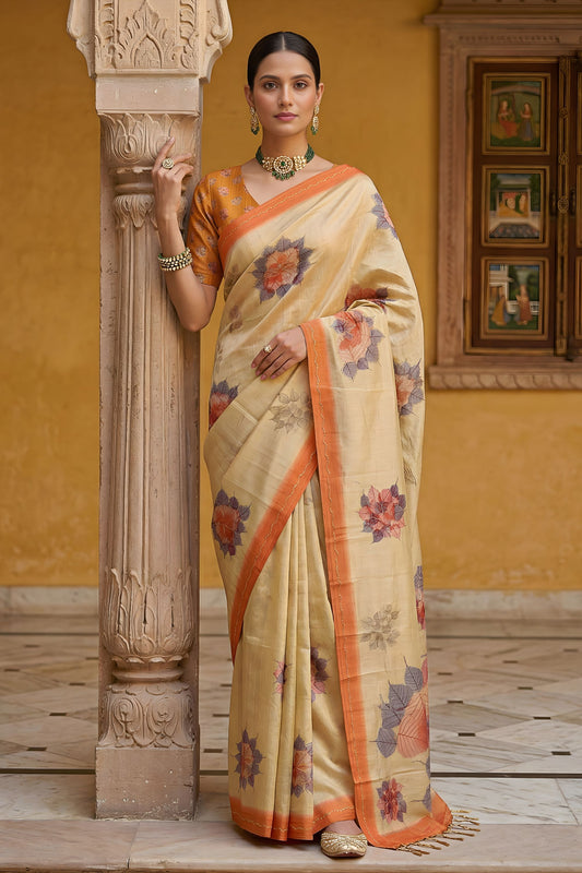 Beige Printed Linen Silk Saree with Floral Design and Orange Border