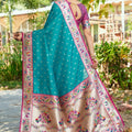 Teal Blue Silk Saree Pink Border Multicolor Peacock Zari Weaving Work