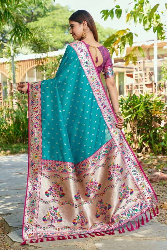 Teal Blue Silk Saree Pink Border Multicolor Peacock Zari Weaving Work