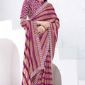Wine Purple Beige Striped Saree Floral Embroidered Border Designer Blouse