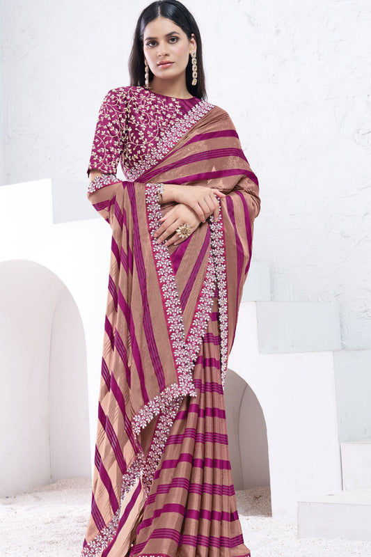 Wine Purple Beige Striped Saree Floral Embroidered Border Designer Blouse