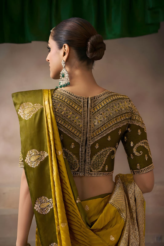 Mustard Yellow Silk Saree with Olive Green Border Rich Zari