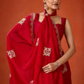 Red Embroidered Georgette Saree Floral Motifs Designer Border