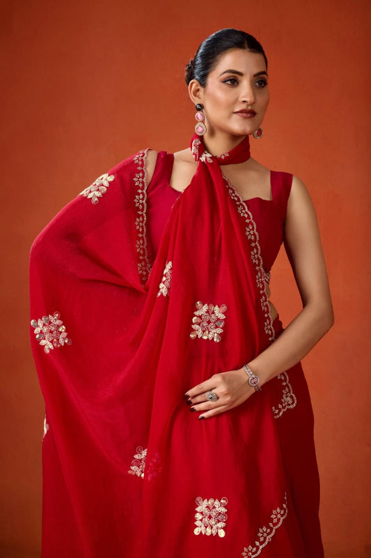 Red Embroidered Georgette Saree Floral Motifs Designer Border