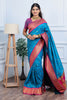 Teal Blue Kanjivaram Silk Saree with Pink Border Gold Zari Butti Work