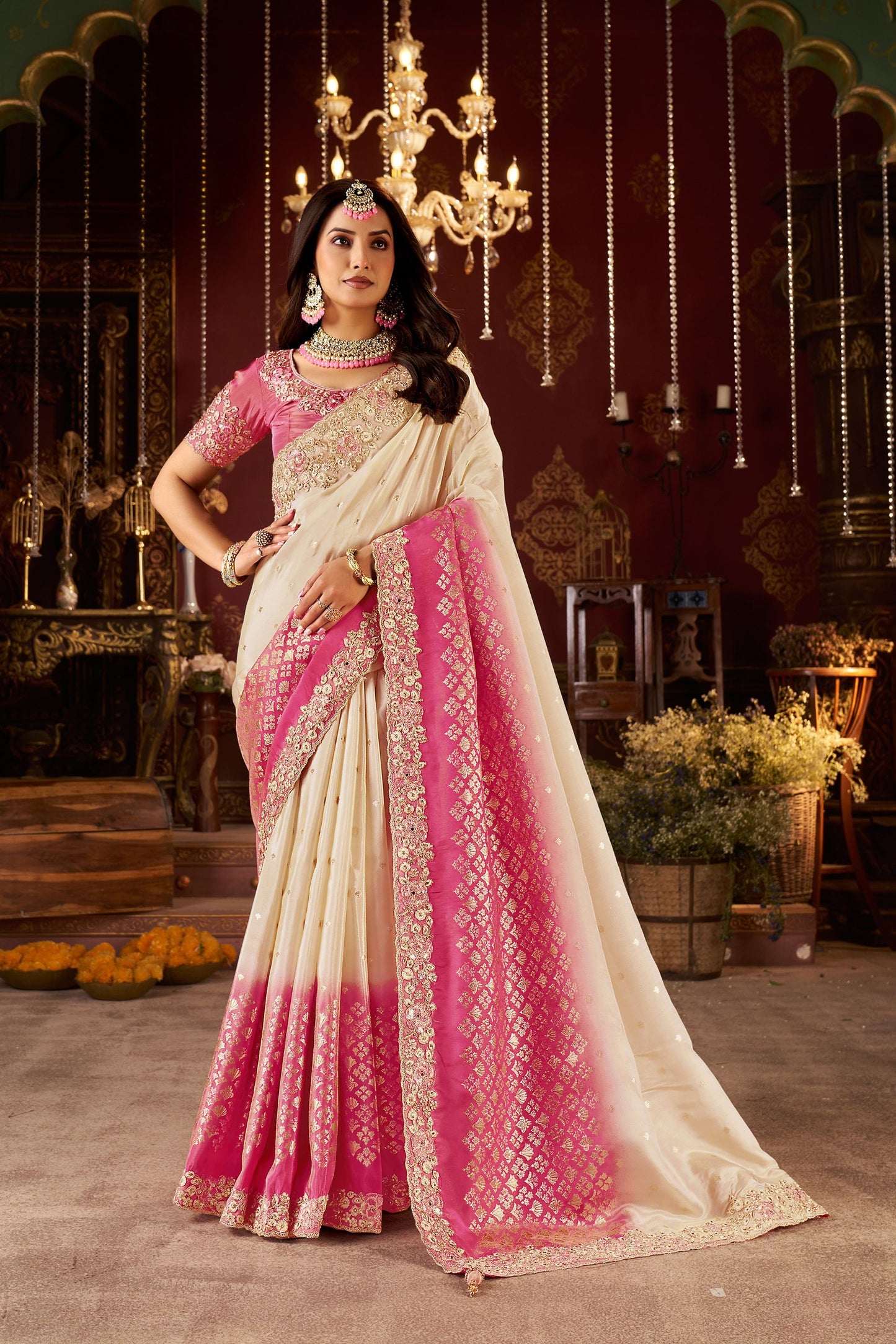 Cream Pink Dual Tone Designer Saree with Heavy Gold Zari Border