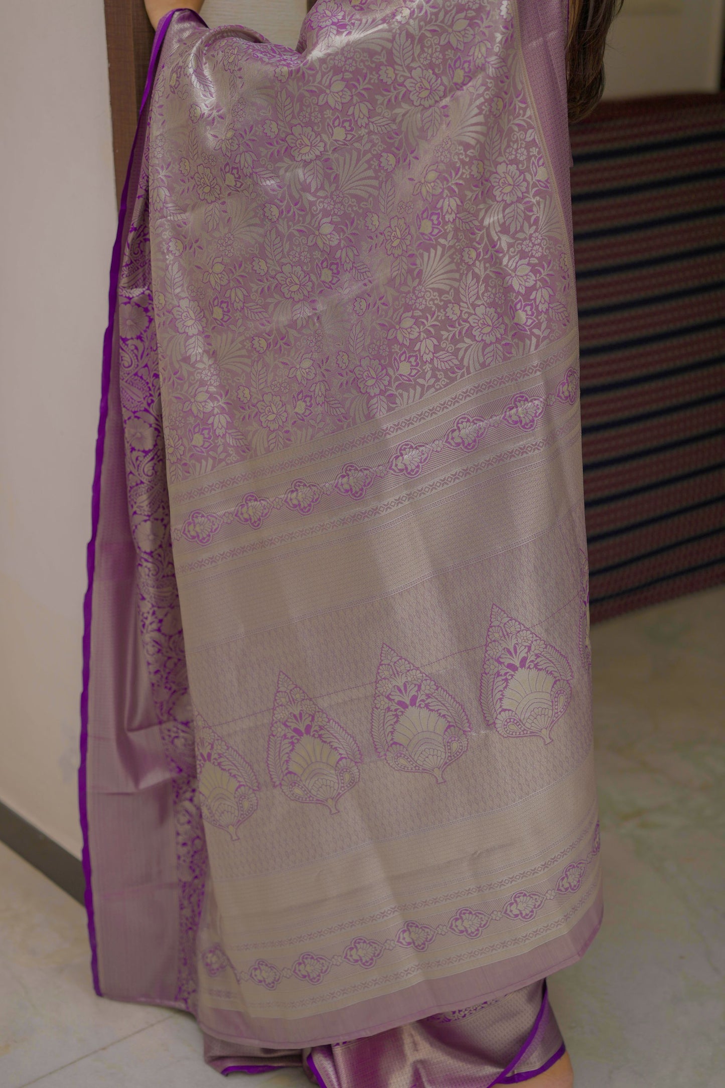 Lavender Banarasi Silk Saree with Silver Zari Floral Weaving Saree